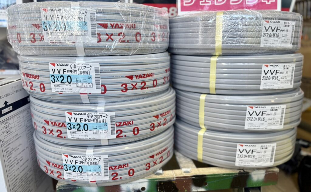 YAZAKI/ヤザキ VVF(PbF) 3×2.0mm 100m【黒赤緑】複合タイプ【黒白緑】 2×2.0+1×1.6
